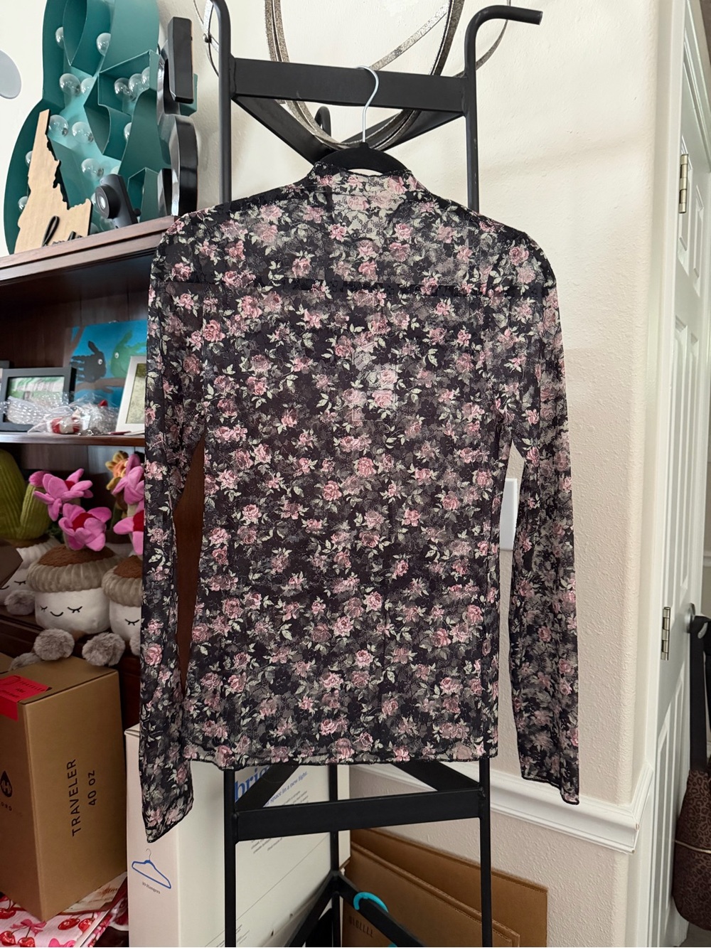 Sheer Black Floral Long-Sleeve Top - Pink Rose Print